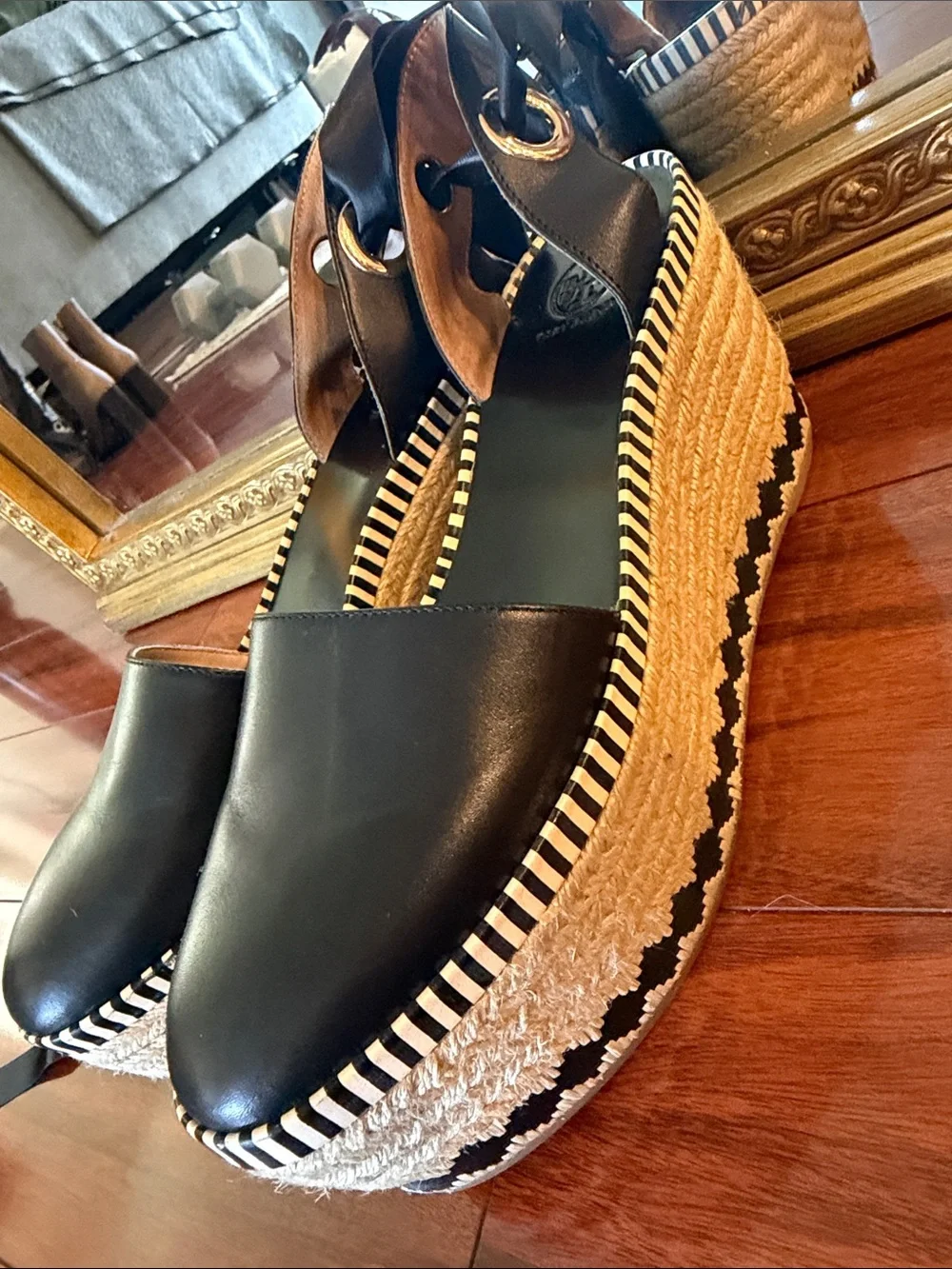 Tory Burch Dandy Leather Espadrille Platform Sandals with Ankle Wrap
